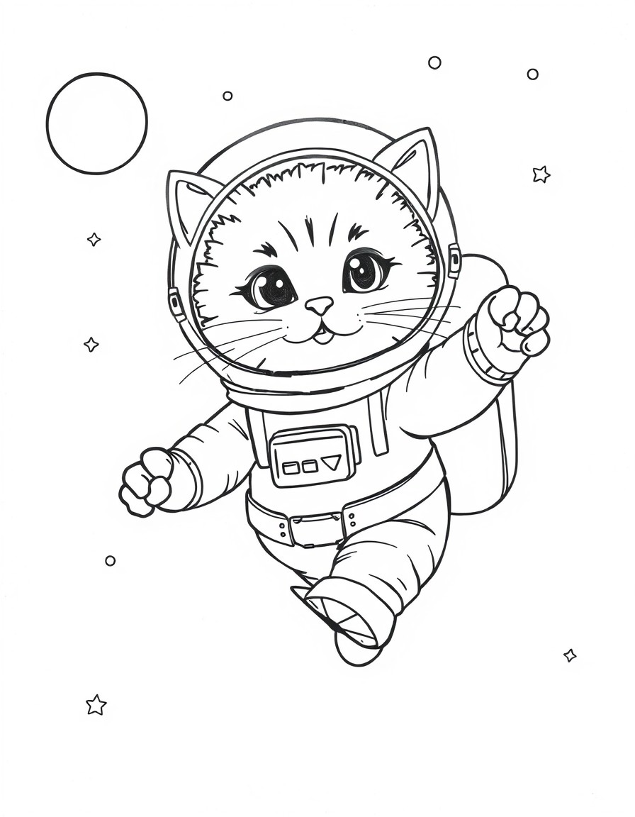 a cute little cat floating in space as an astronaut