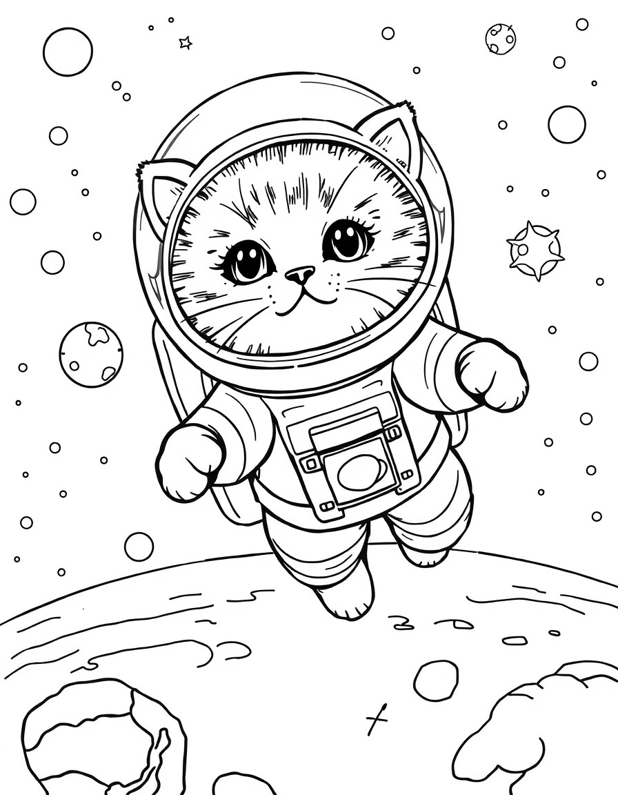 a cute little cat floating in space as an astronaut, space details in the background
