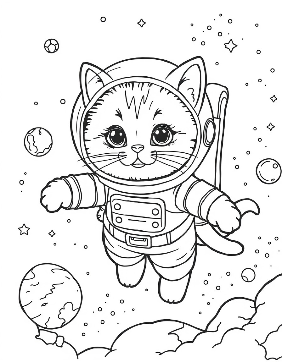 a cute little cat floating in space as an astronaut, space details in the background