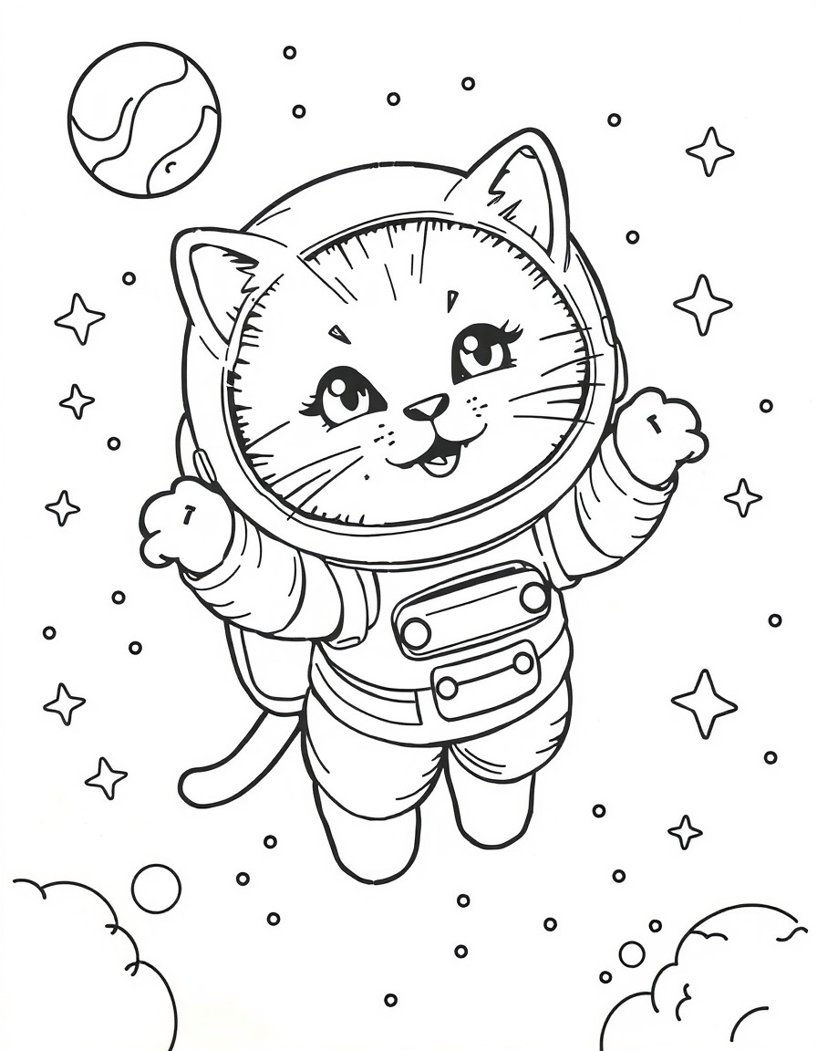 a cute little cat floating in space as an astronaut, space details in the background