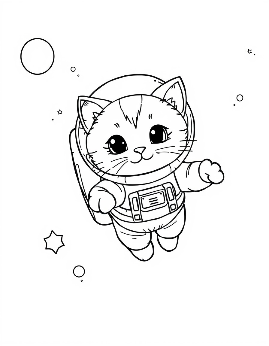 a cute little cat floating in space as an astronaut, space details in the background