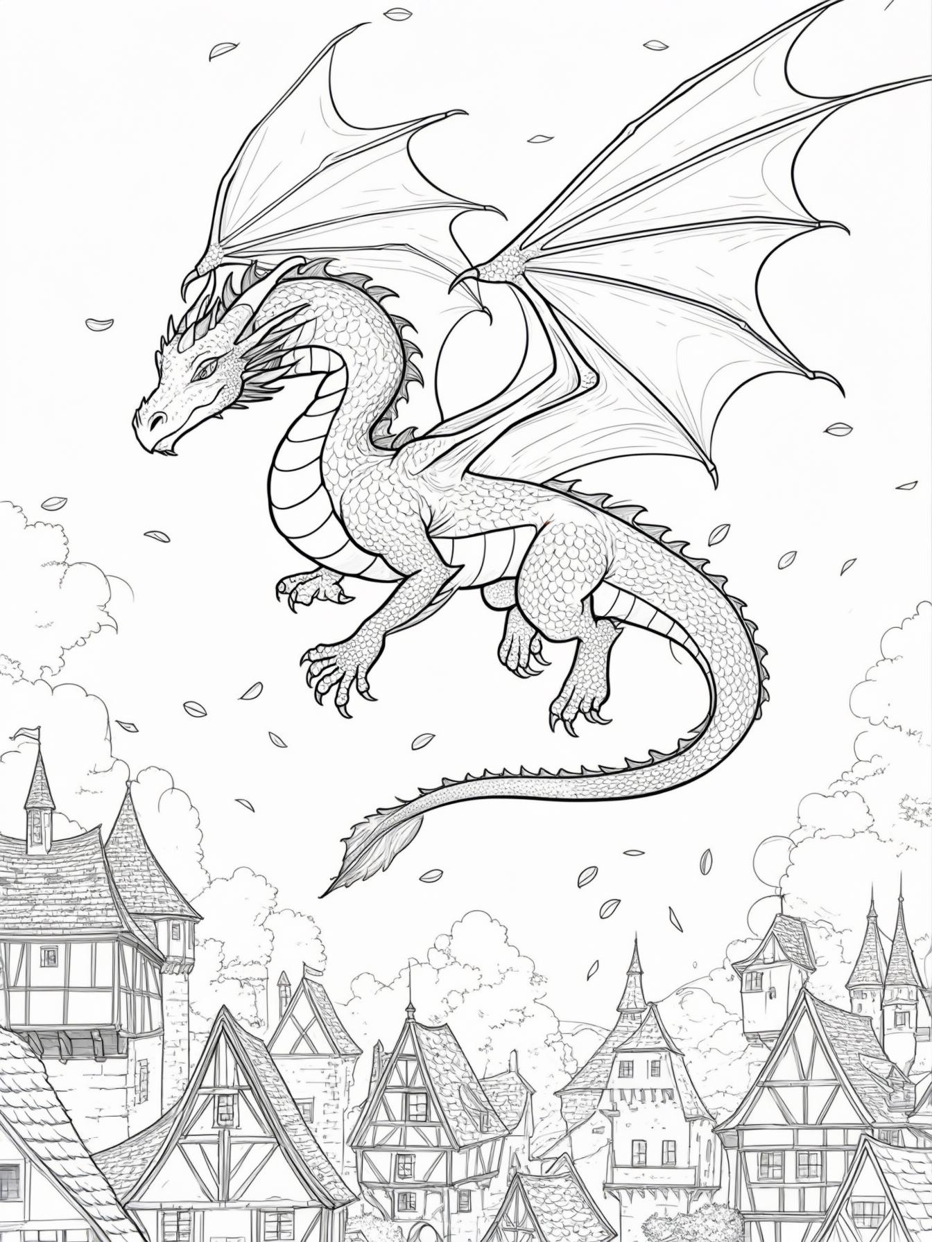 An enchanted dragon soaring above a medieval town, breathing gentle puffs of flower petals