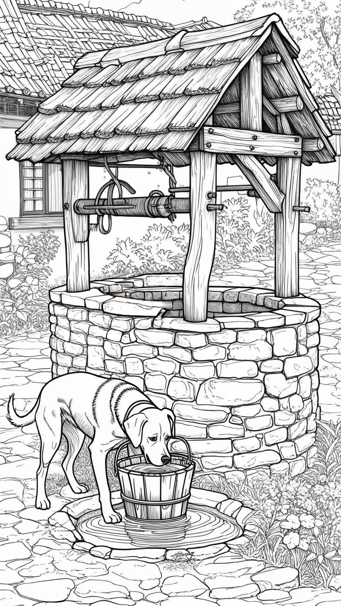 A dog drinking water from the bucket, near a well in the village