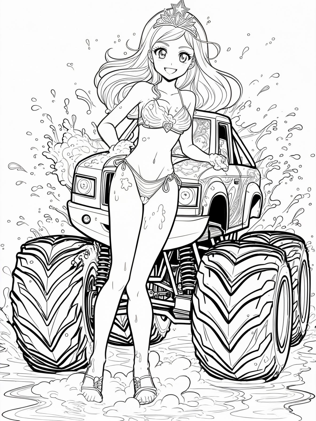 princess rosalina car washing a monster truck in a bikini