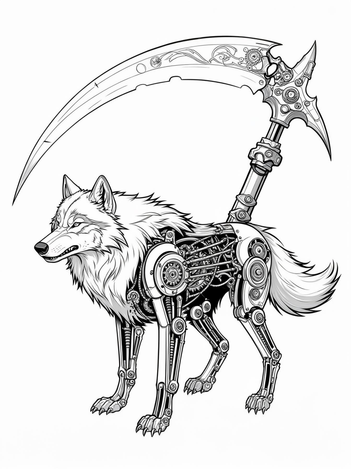 biomechanical wolf with a scythe for a tail