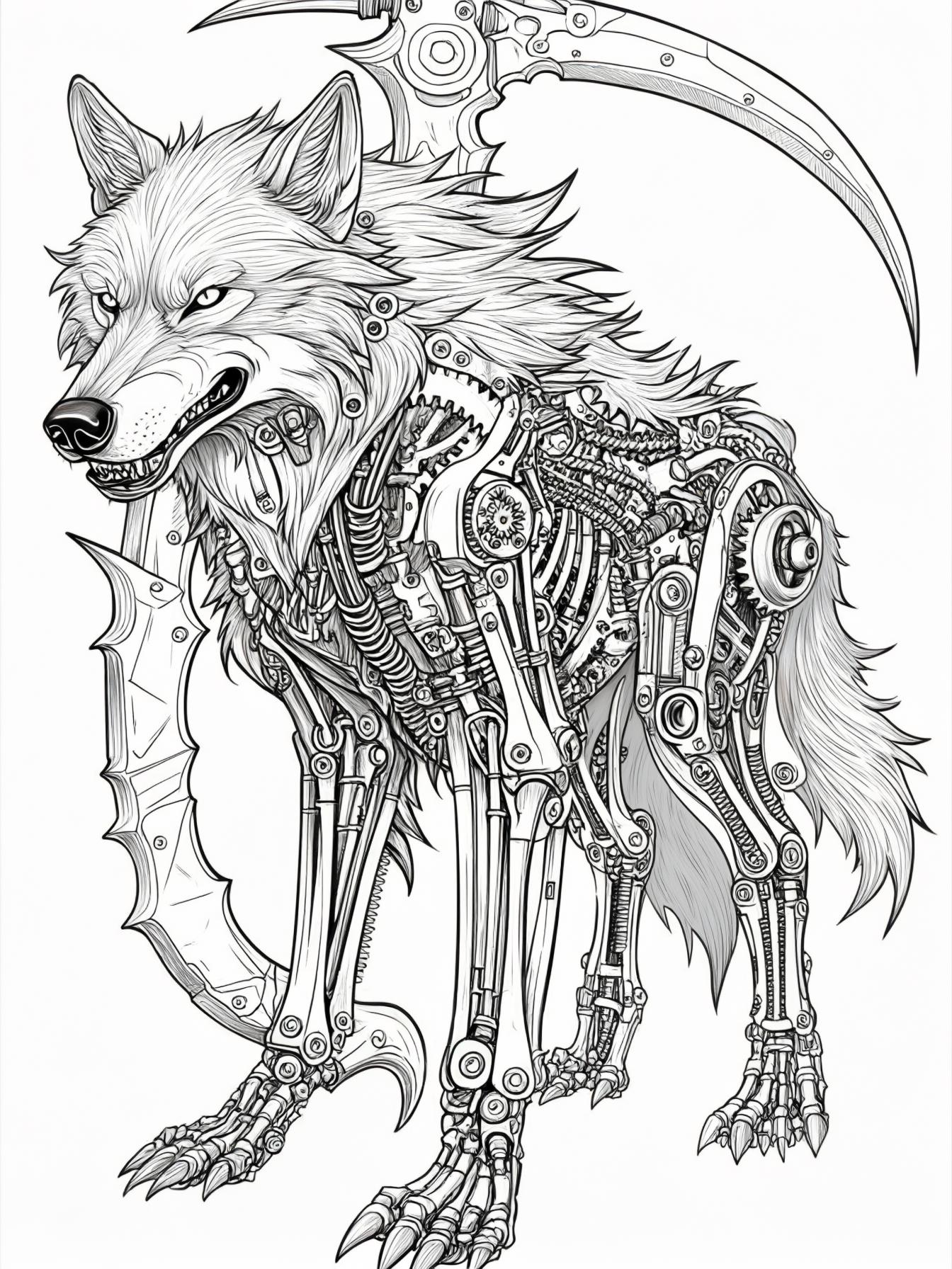 biomechanical grim reaper as a wolf with a scythe for a tail
