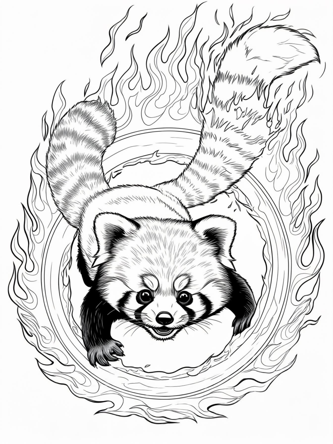 a cute red panda somersaulting through a ring of fire with a scorched tail