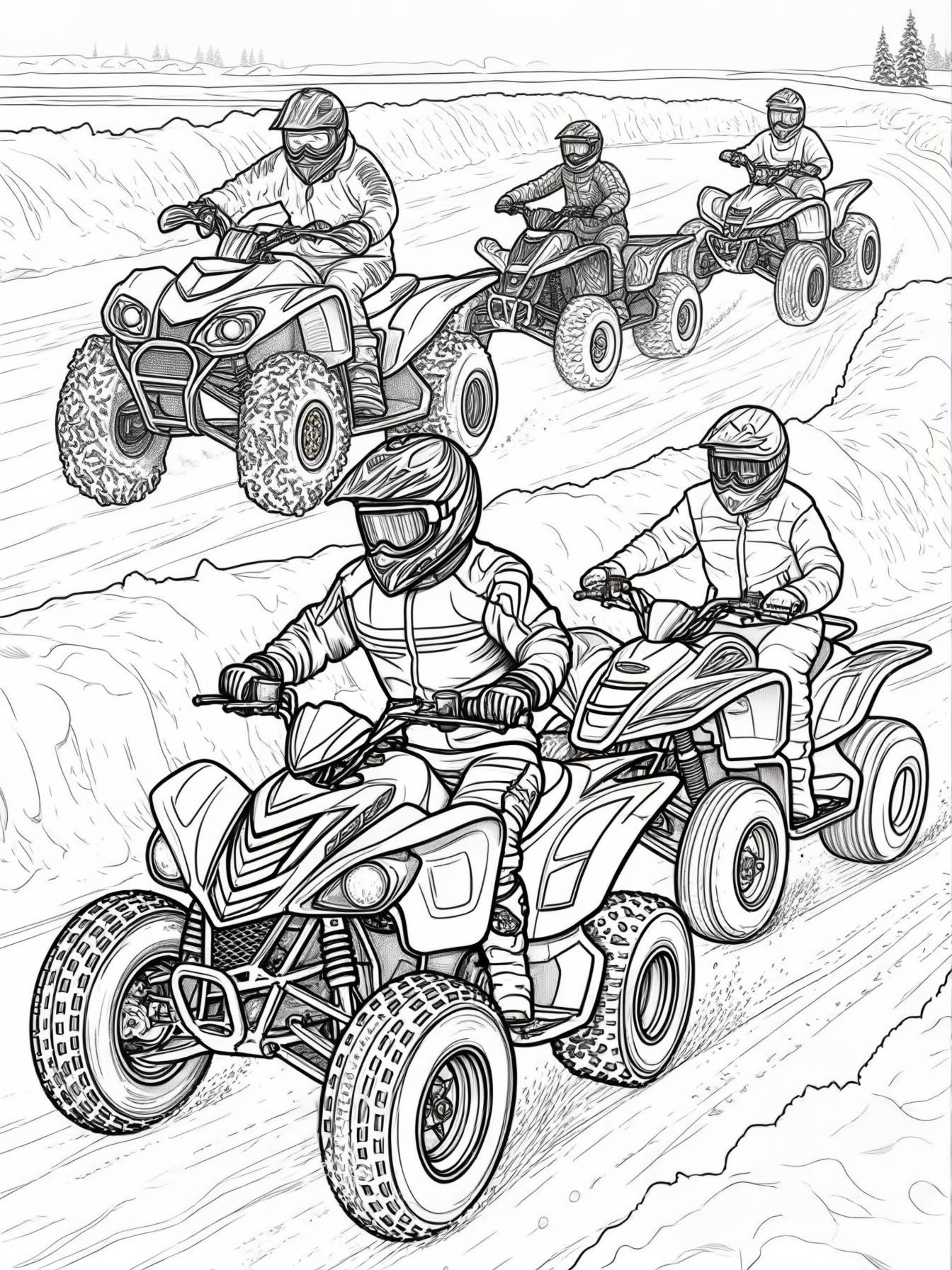 6 four wheelers racing on an ice covered track with snowbanks on the outside