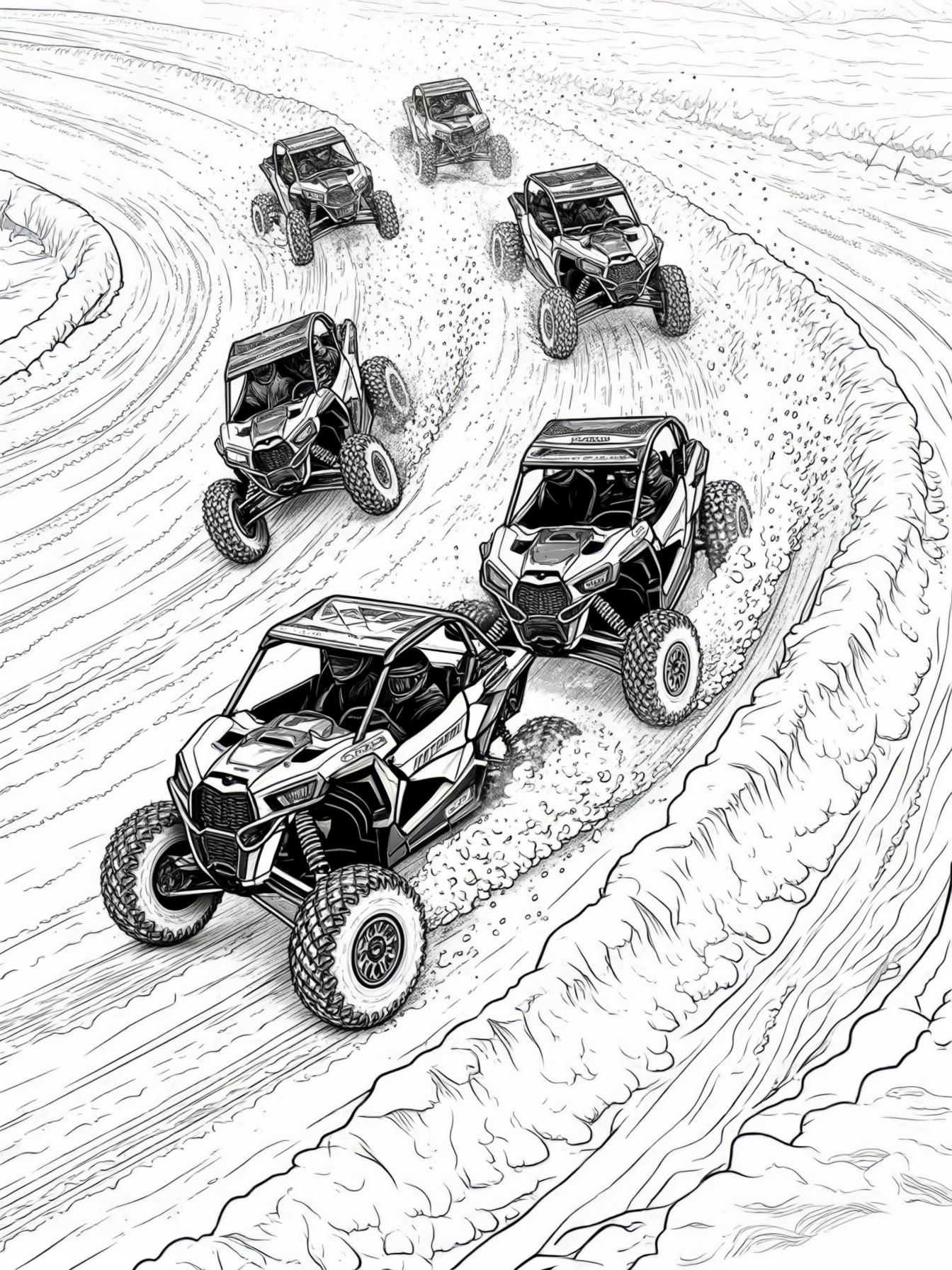 6 four wheelers drifting on an oval thats ice covered track with snowbanks on the outside