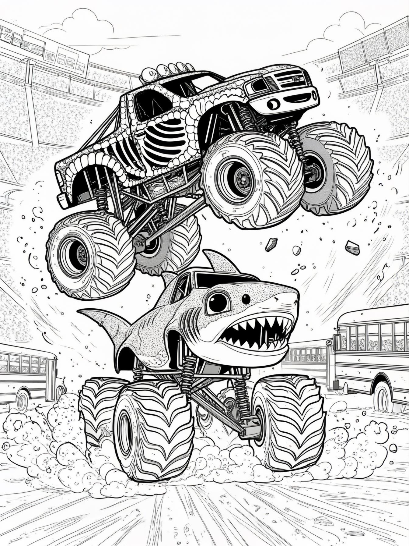 monster truck racing gravedigger and megalodon in an arena jumping over school buses