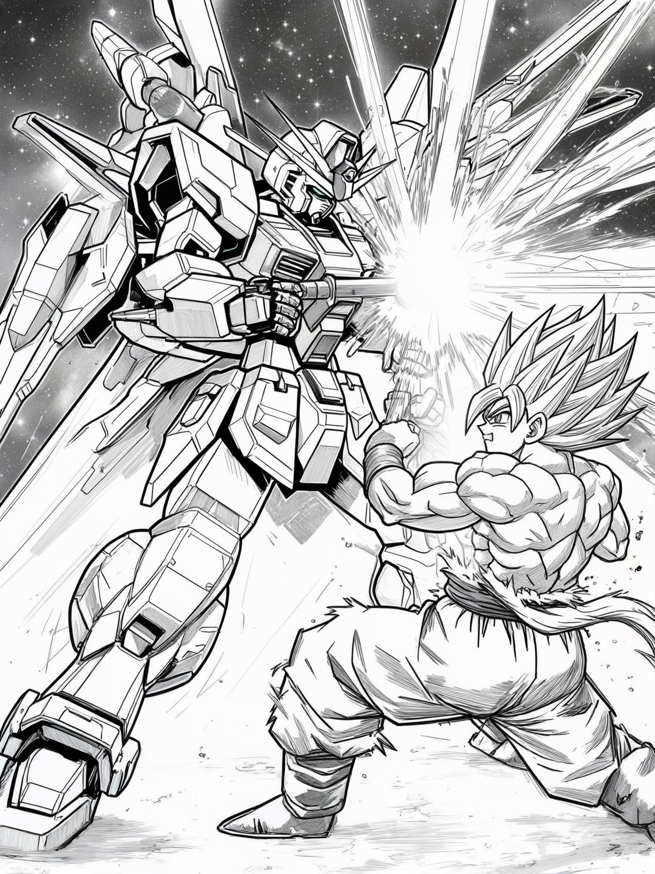 gundam wing with beam canon fighting a super saiyan charging an energy ki attack in space