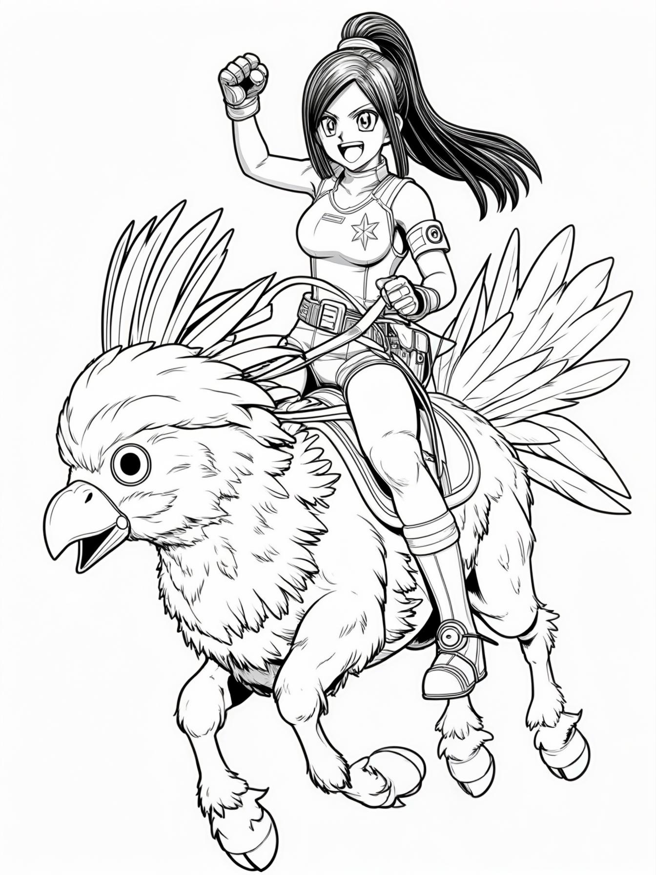 final fantasy tifa in a star ocean cheering for blitzball on a chocobo