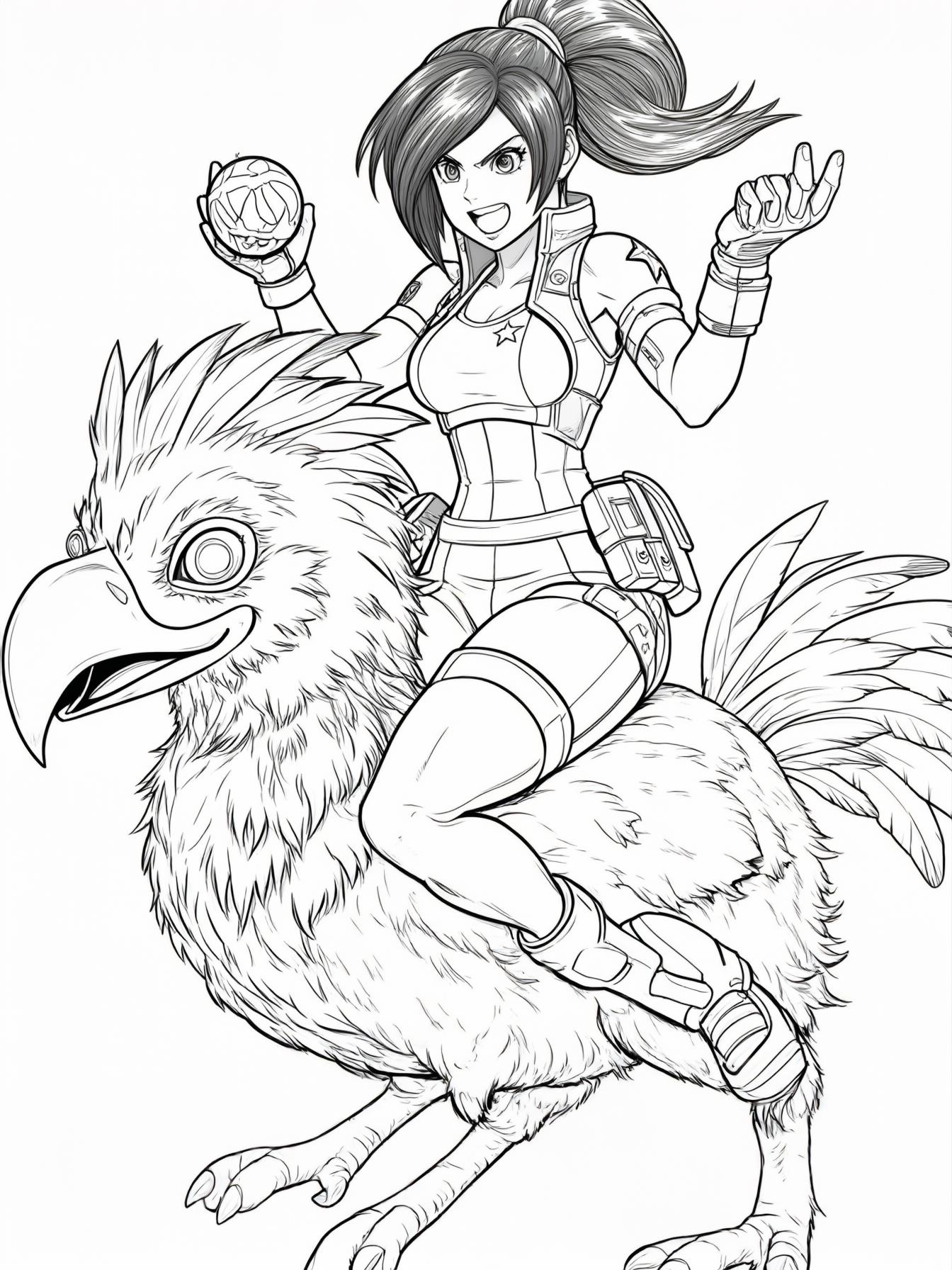 final fantasy tifa in a star ocean cheering for blitzball on a chocobo
