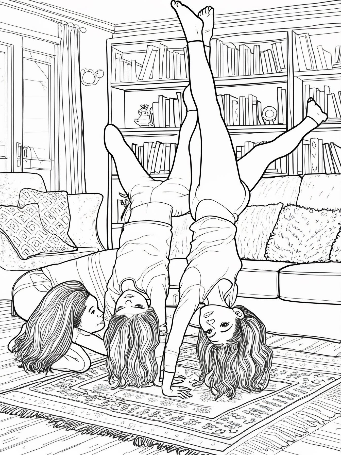 2 sisters somersaulting in living room with their mom helping