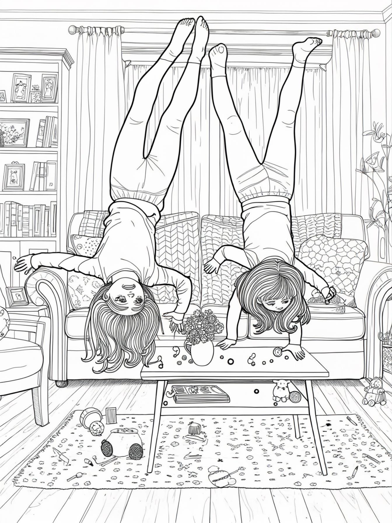 big sister and little sister somersaulting in living room