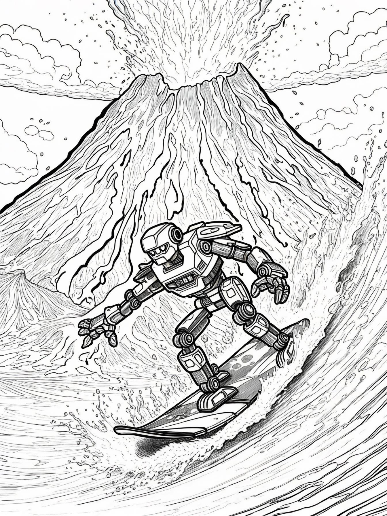 lego bionicle that is surfing through lava while a volcano erupts in the background