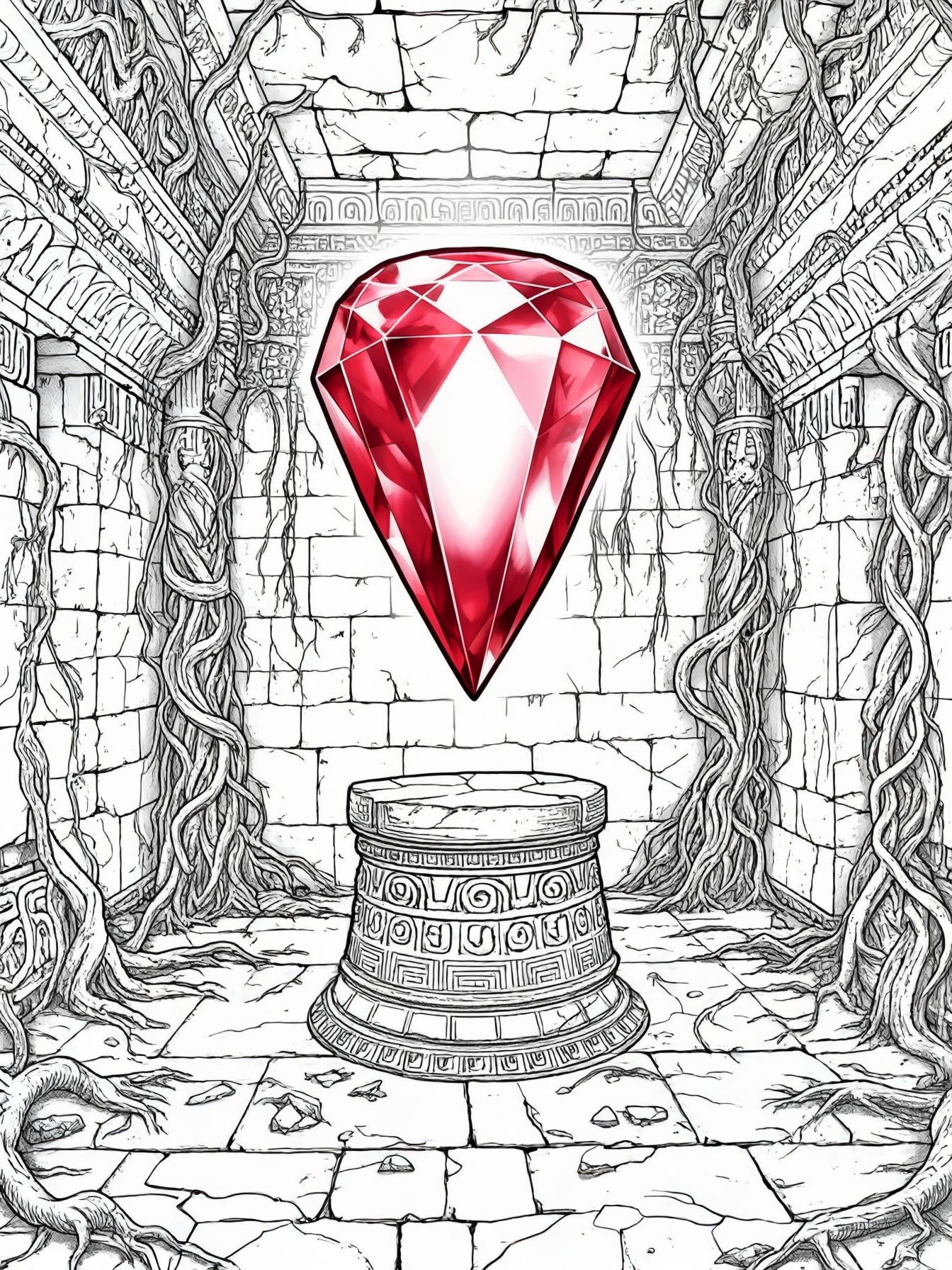 indiana jones style tomb with giant glowing ruby floating on a pedestal in the middle of a stone room with vines on the walls and ceiling