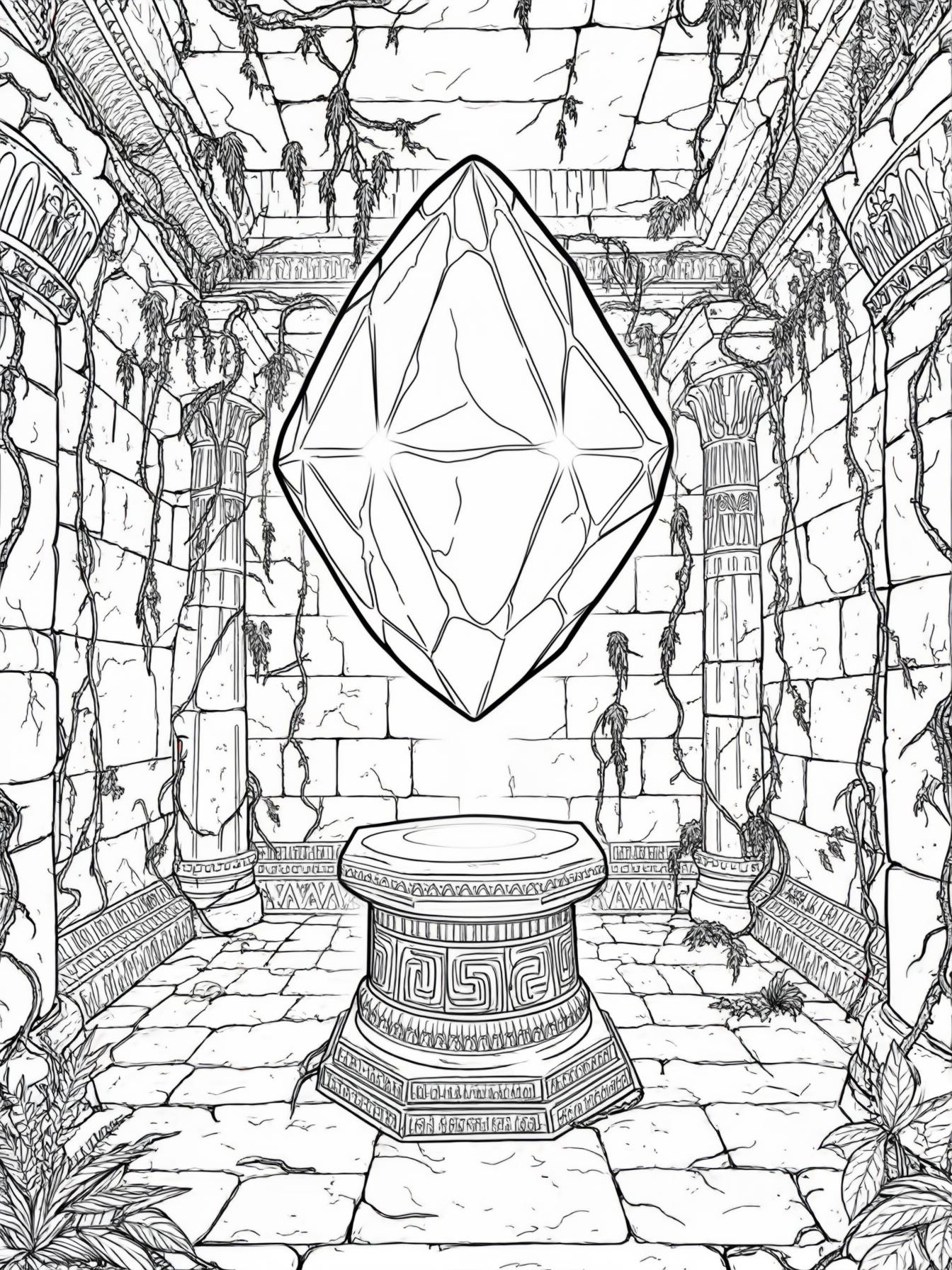 indiana jones style tomb with giant glowing gem floating on a pedestal in the middle of a stone room with vines on the walls and ceiling