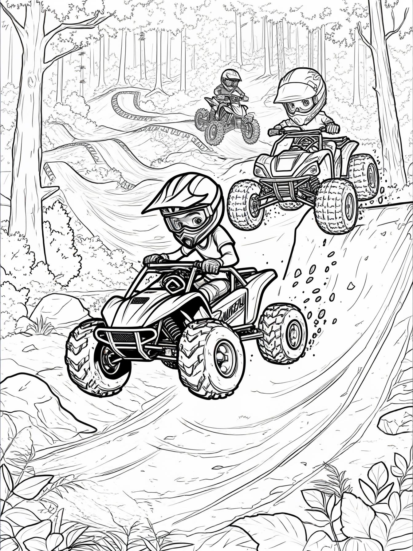 little boy racing a remote control buggy on a motocross track with jumps in the woods from a high angle camera