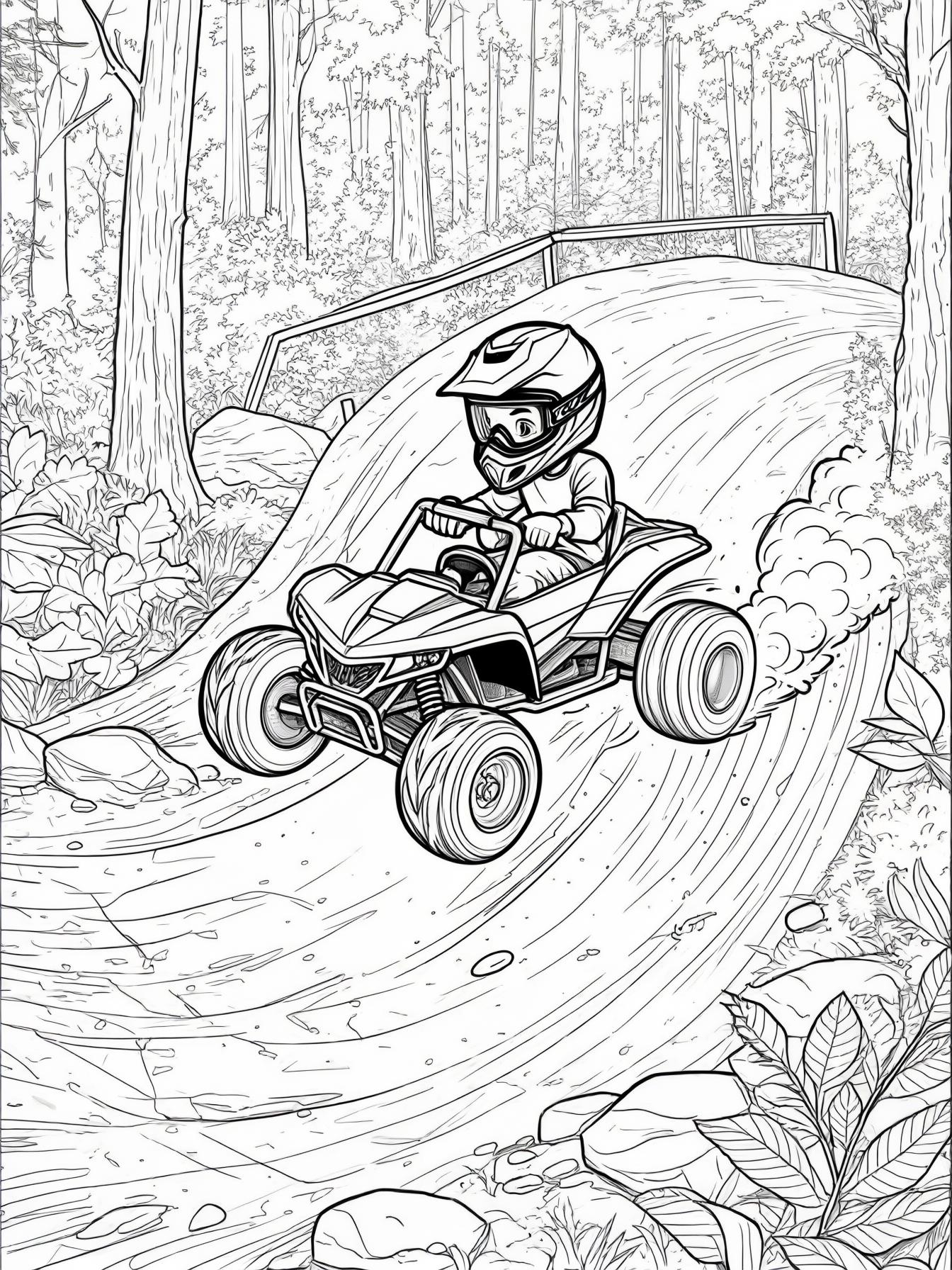 little boy racing a remote control buggy on a motocross track with jumps in the woods from a high angle camera