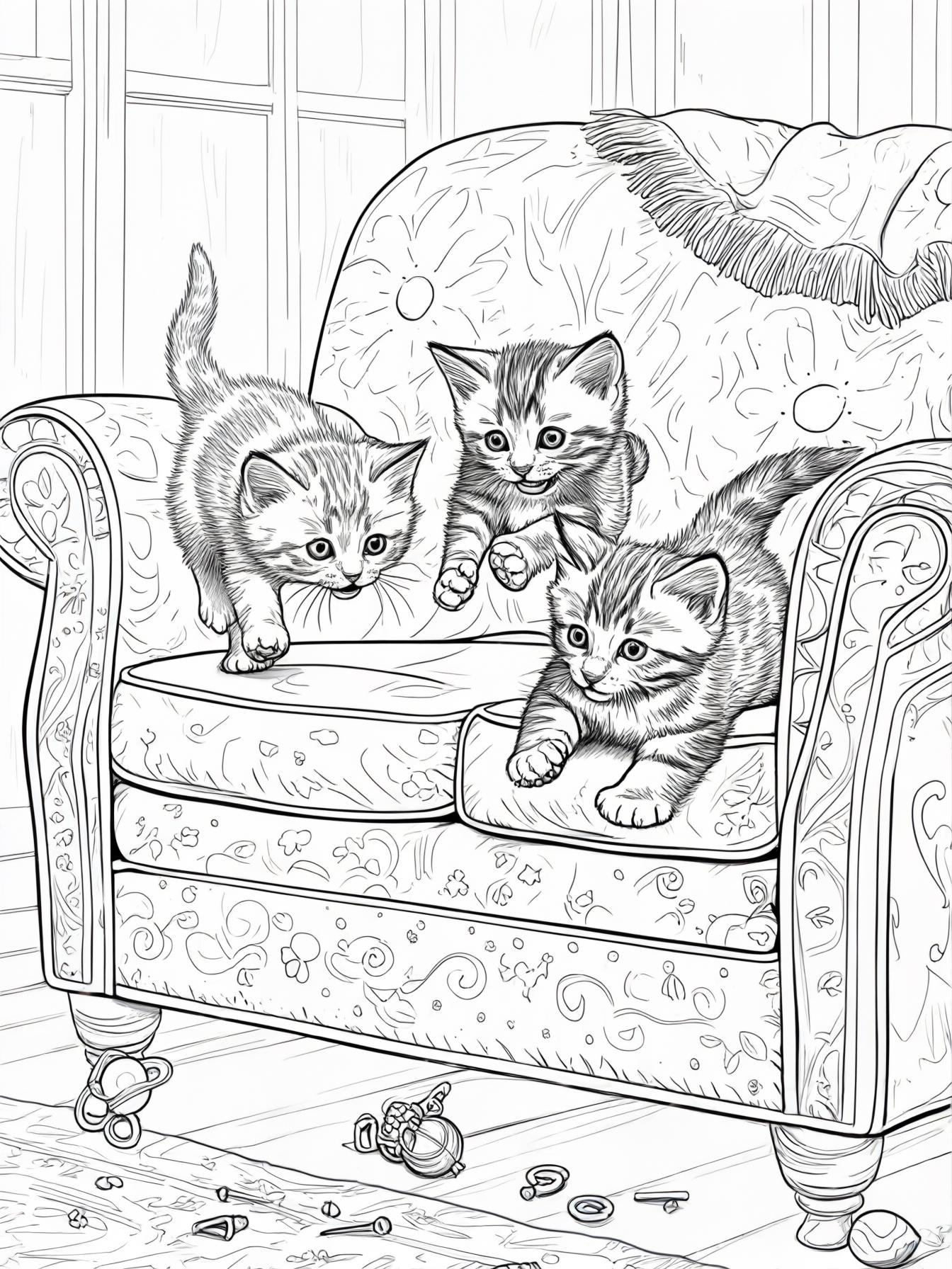 super cute kitty pouncing off a couch onto another kitten with stripes