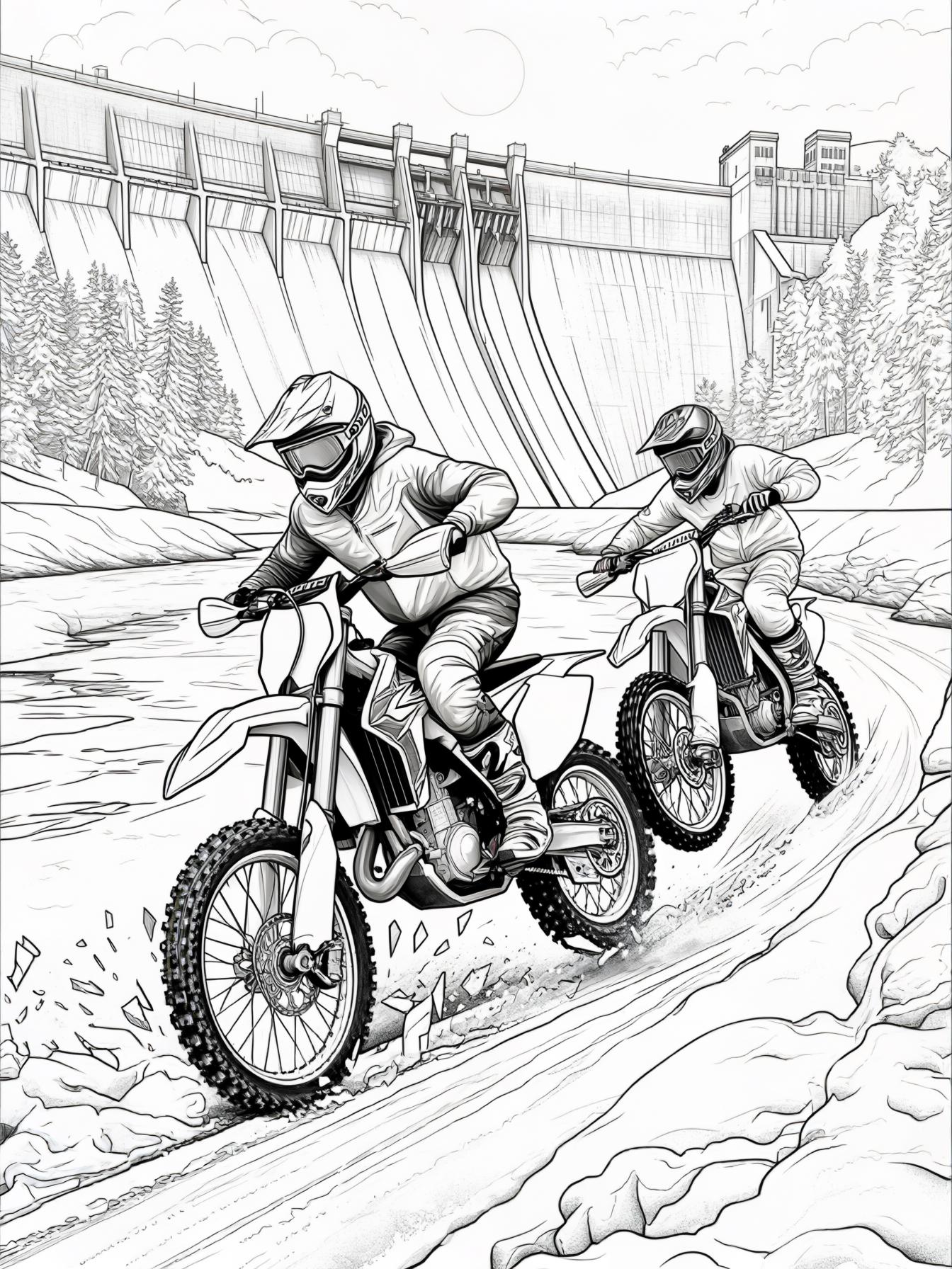 brothers racing dirt bikes on an ice track on a frozen river with snow banks on a sunny day with a hydroelectric dam in the background
