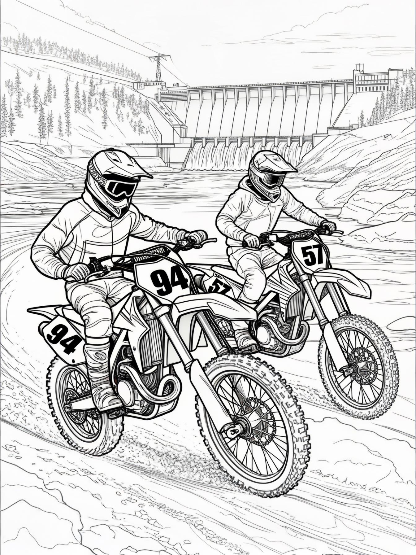 brothers racing dirt bikes one numbered 94 and the other bike 57 on an ice track on a frozen river with snow banks on a sunny day with a hydroelectric dam in the background
