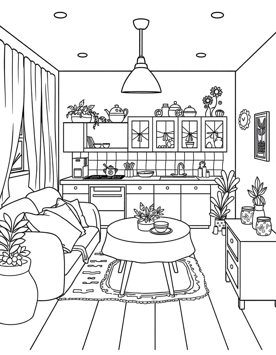 tu me ferait des coloriages noir et blanc style kawaii voici le sommaire  La cuisine kawaii  Le salon cosy avec canap et coussins  La salle  manger table dresse, vaisselle mignonne  La chambre denfant