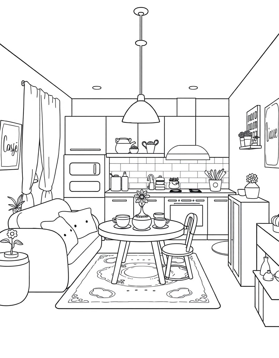 tu me ferait des coloriages noir et blanc style kawaii voici le sommaire  La cuisine kawaii  Le salon cosy avec canap et coussins  La salle  manger table dresse, vaisselle mignonne  La chambre denfant