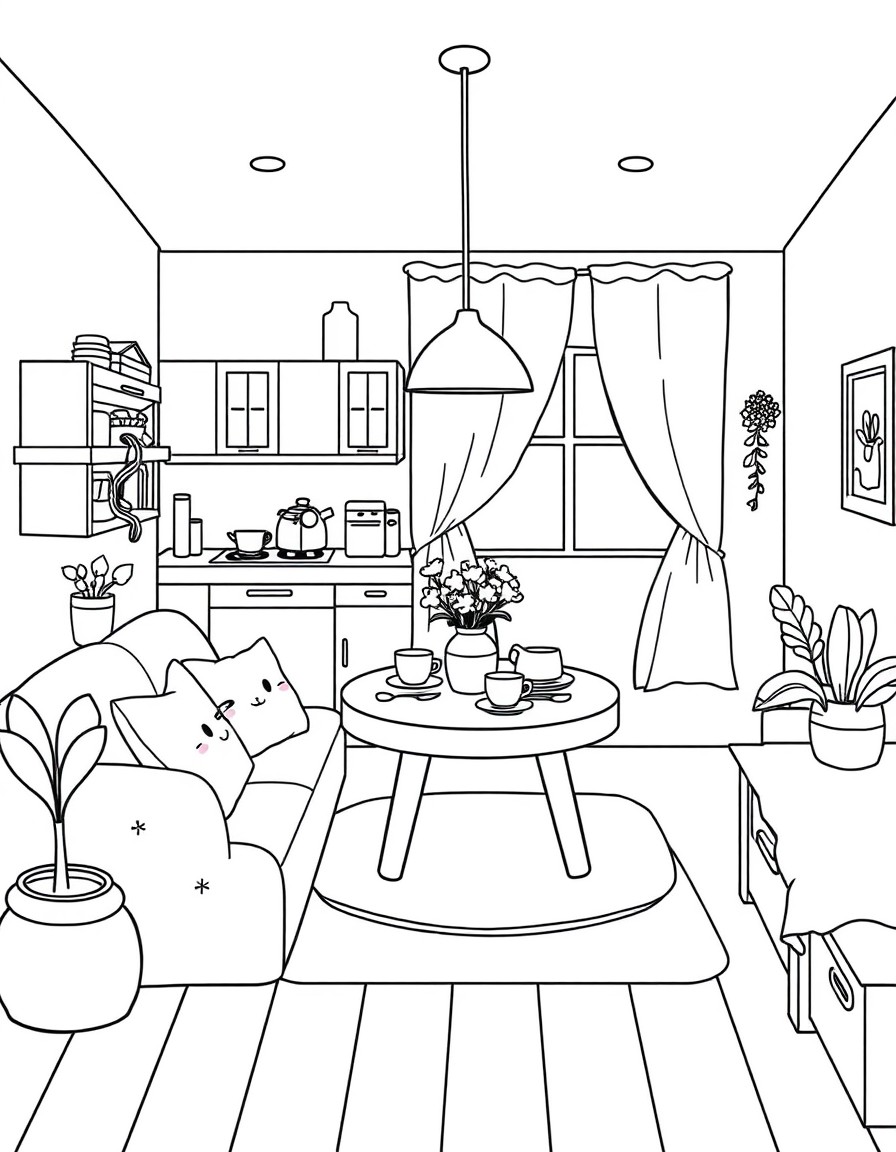 tu me ferait des coloriages noir et blanc style kawaii voici le sommaire  La cuisine kawaii  Le salon cosy avec canap et coussins  La salle  manger table dresse, vaisselle mignonne  La chambre denfant