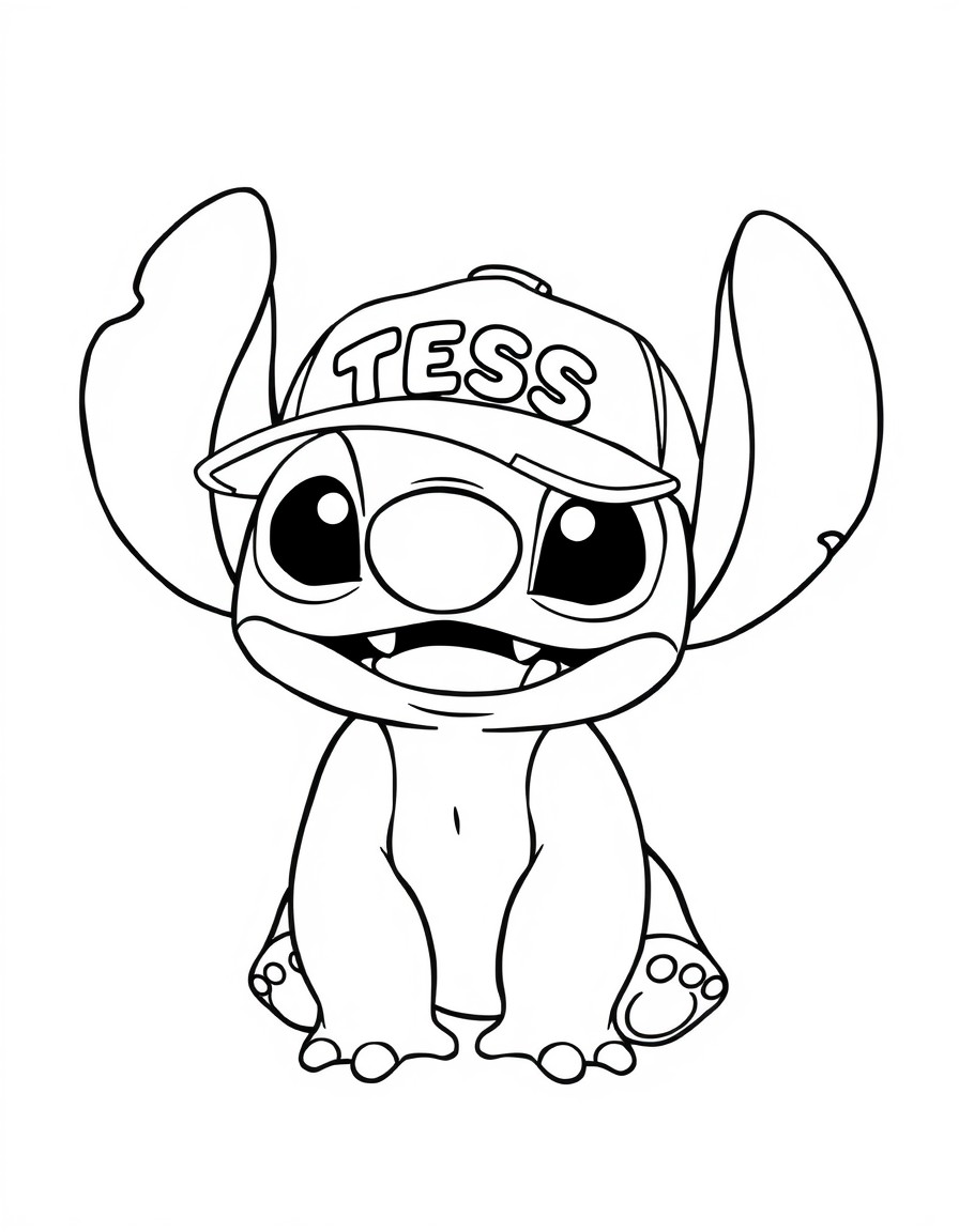 A cute Stitch with a cap that has the name 'TESS' on it