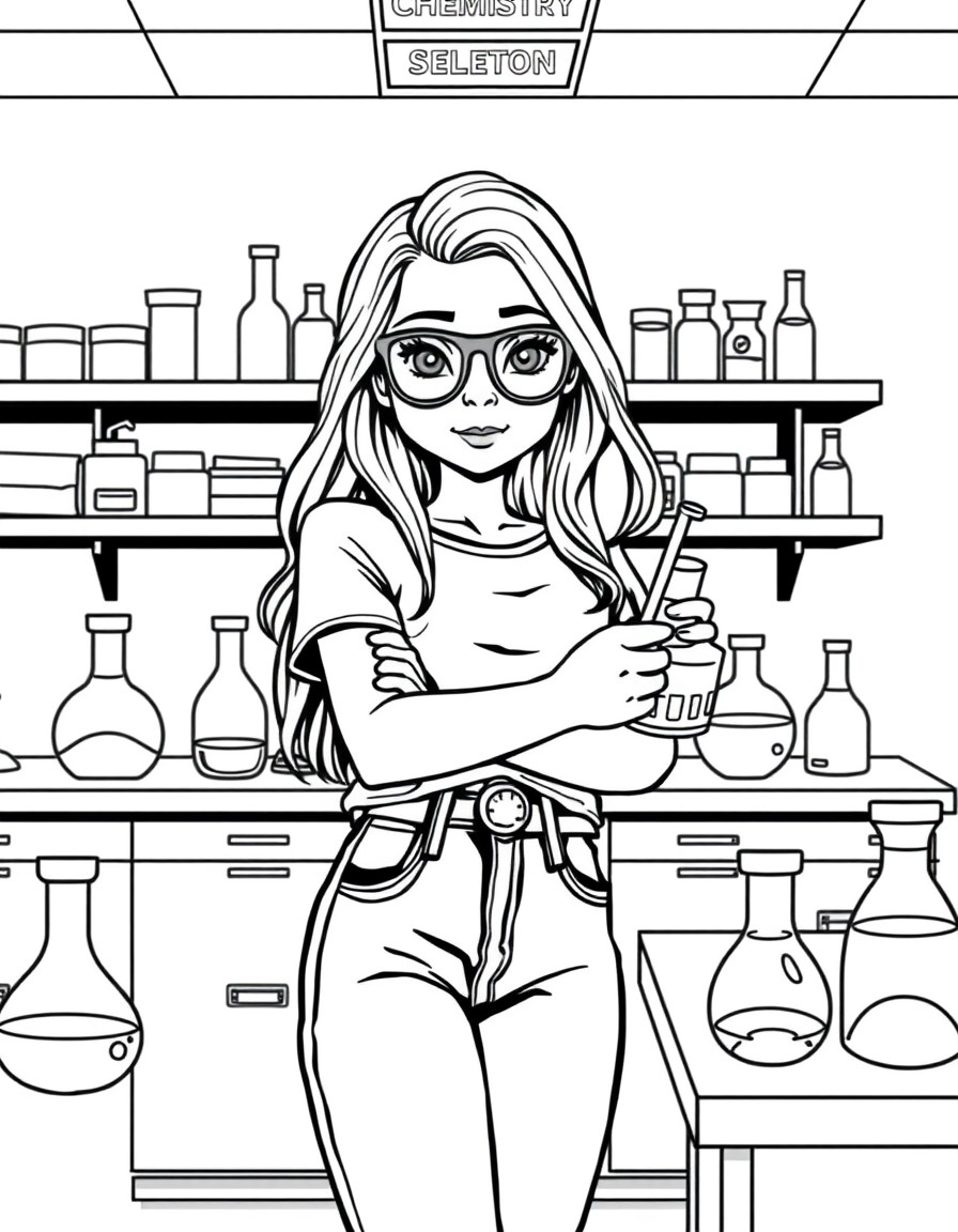 cute teenage girl with glasses in cute top and jeans doing lab work in chemistry lab
