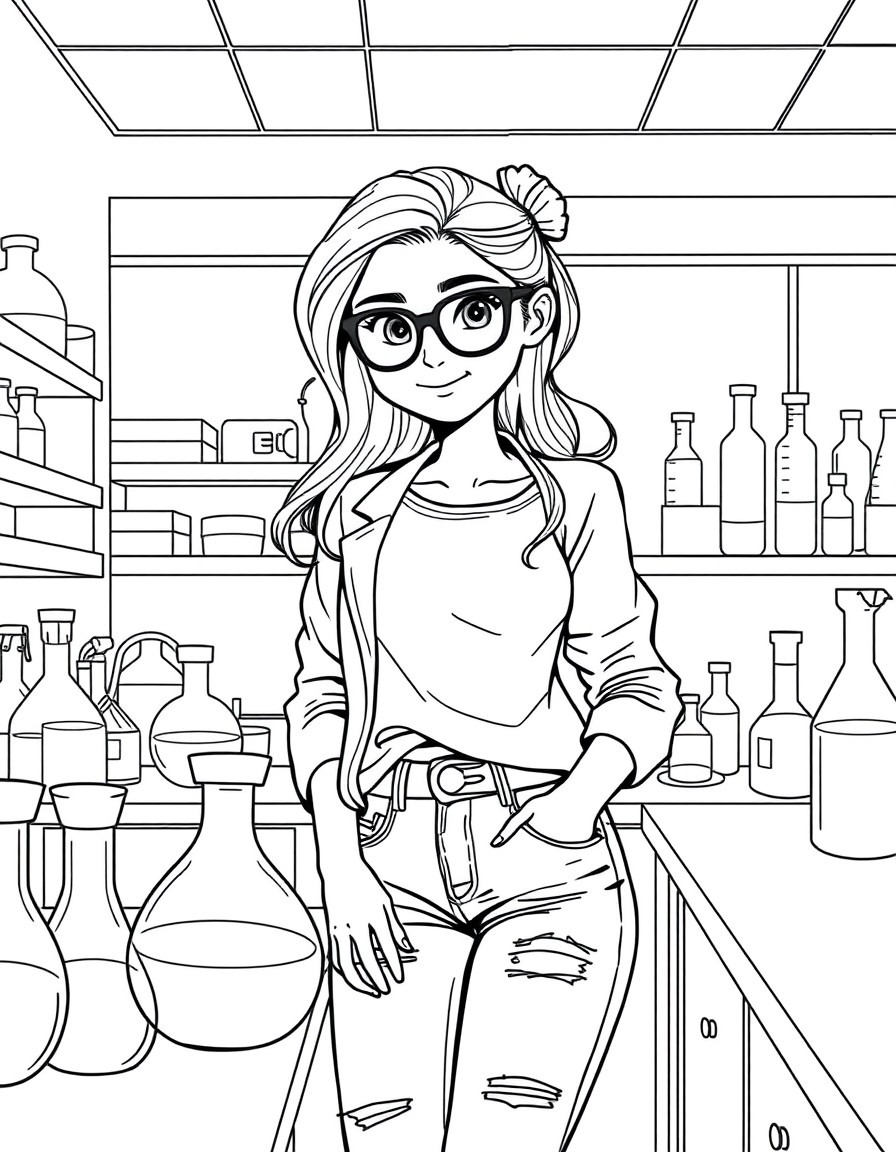cute teenage girl with glasses in cute top and jeans doing lab work in chemistry lab