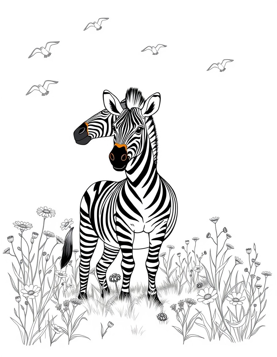 Generate an image with a colored illustration of 'A zebra standing in a field of wildflowers with birds flying above.' on the left side, and the same illustration in a black  white outline on the righ