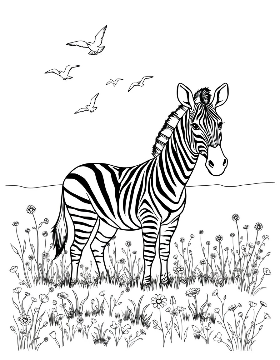 Generate an image with a colored illustration of 'A zebra standing in a field of wildflowers with birds flying above.' on the left side, and the same illustration in a black  white outline on the righ