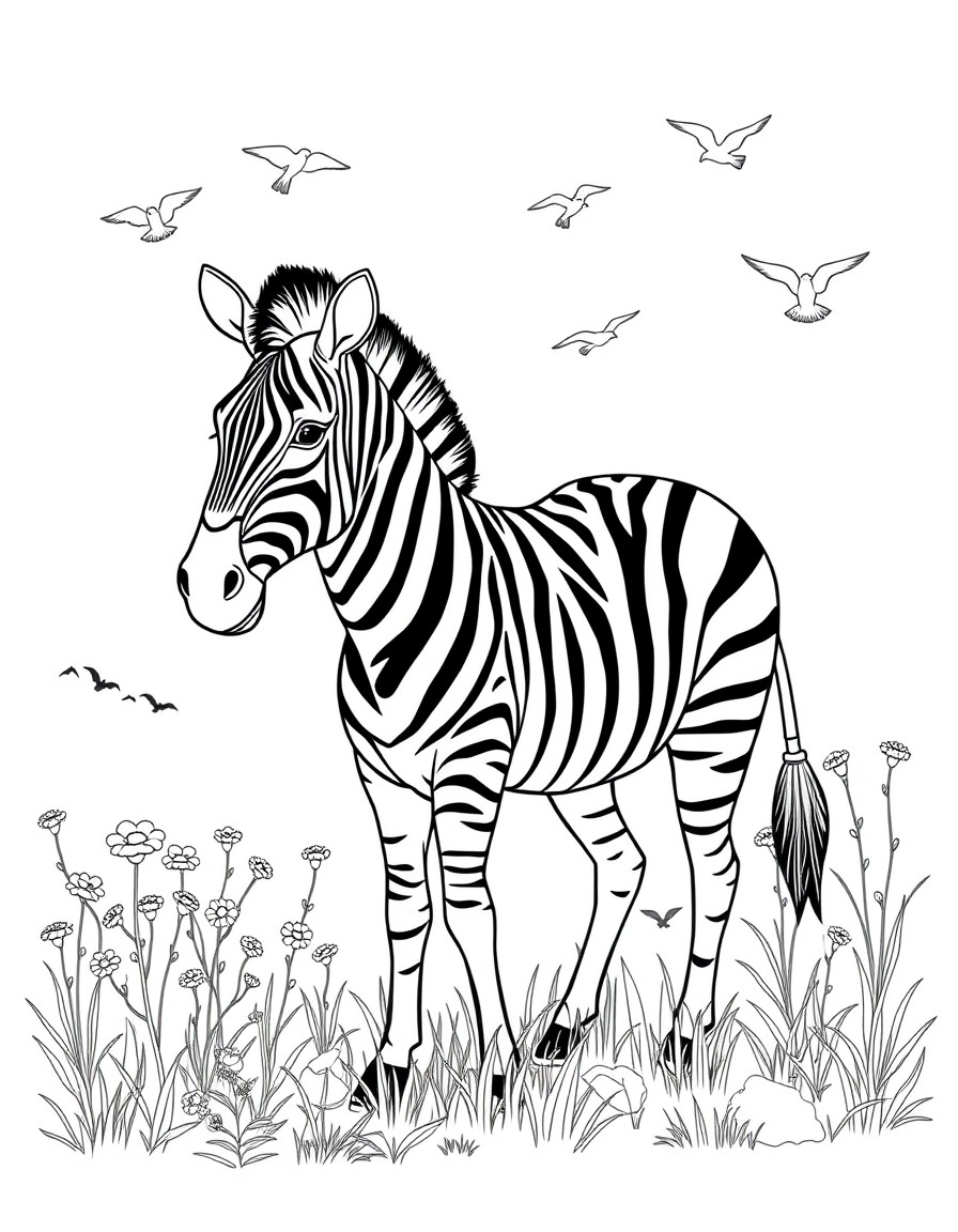 Generate an image with a colored illustration of 'A zebra standing in a field of wildflowers with birds flying above.' on the left side, and the same illustration in a black  white outline on the righ