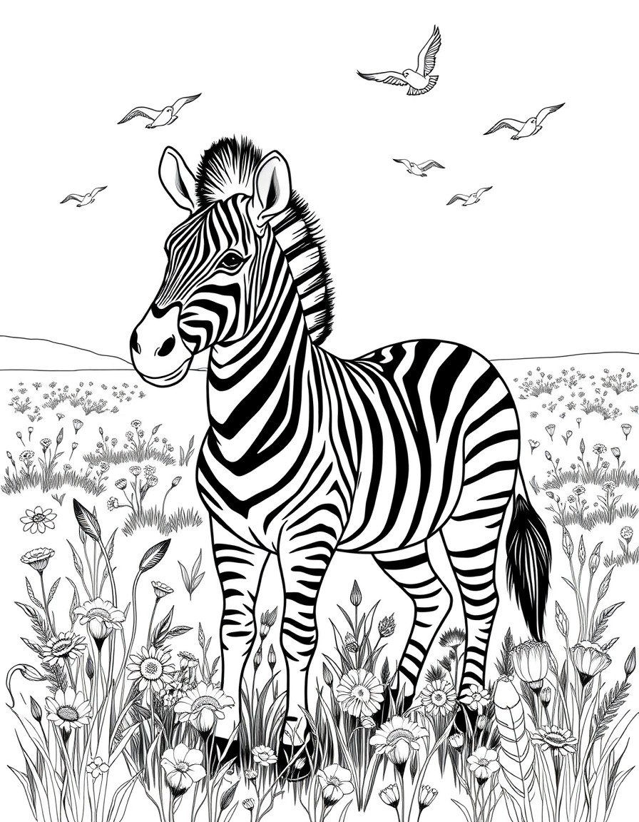 Generate an image with a colored illustration of 'A zebra standing in a field of wildflowers with birds flying above.' on the left side, and the same illustration in a black  white outline on the righ