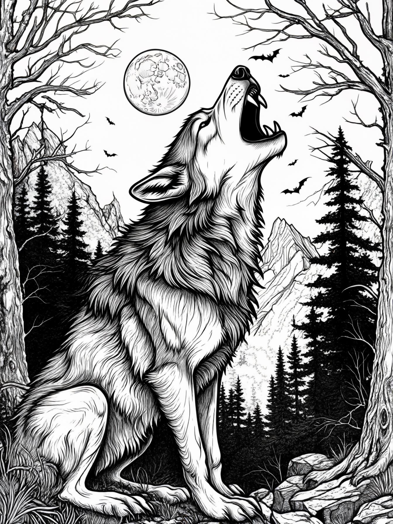 werewolf howling at moon with forest and mountain in background, full moon