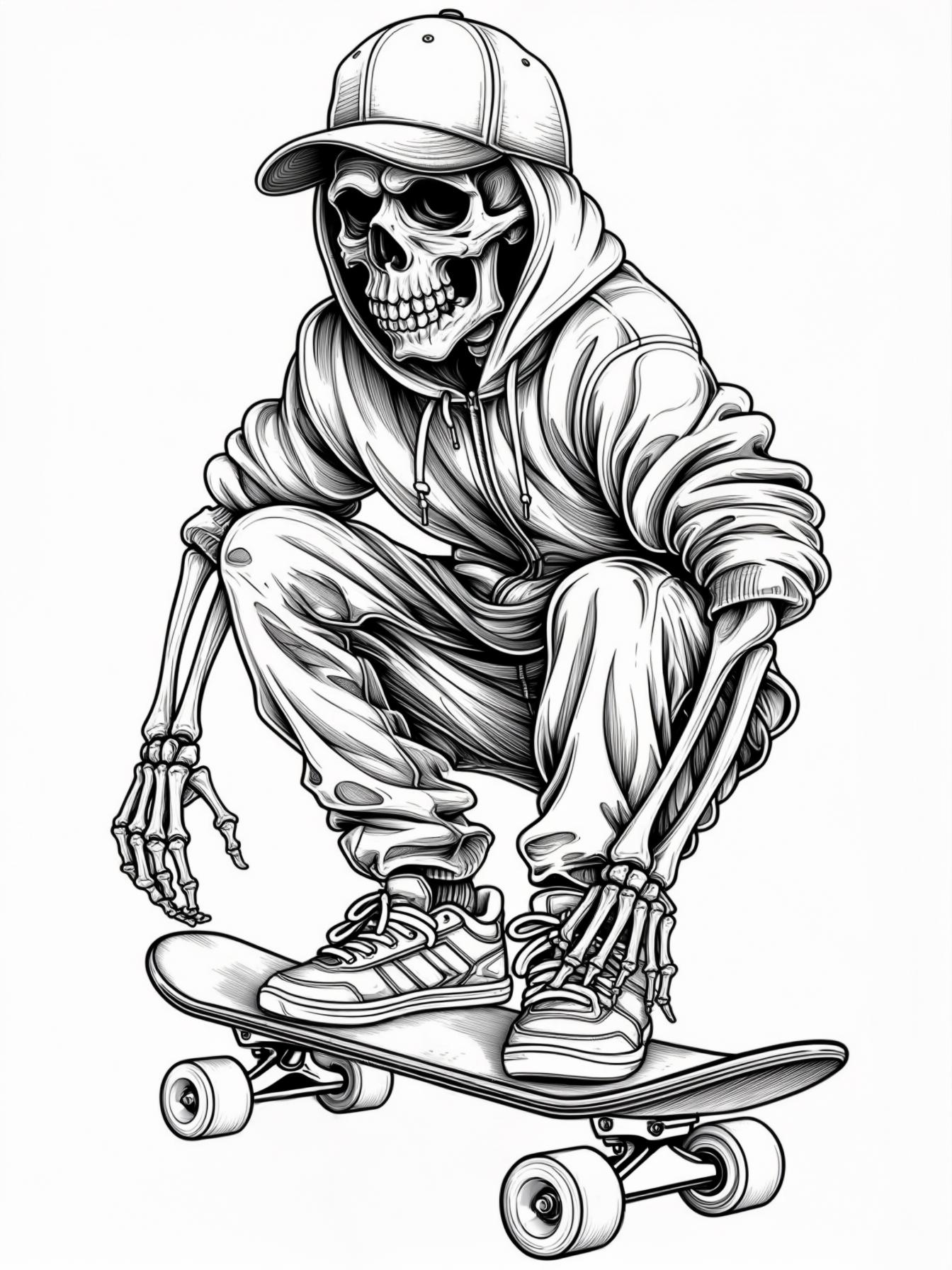 skeleton in street clothes skateboarding