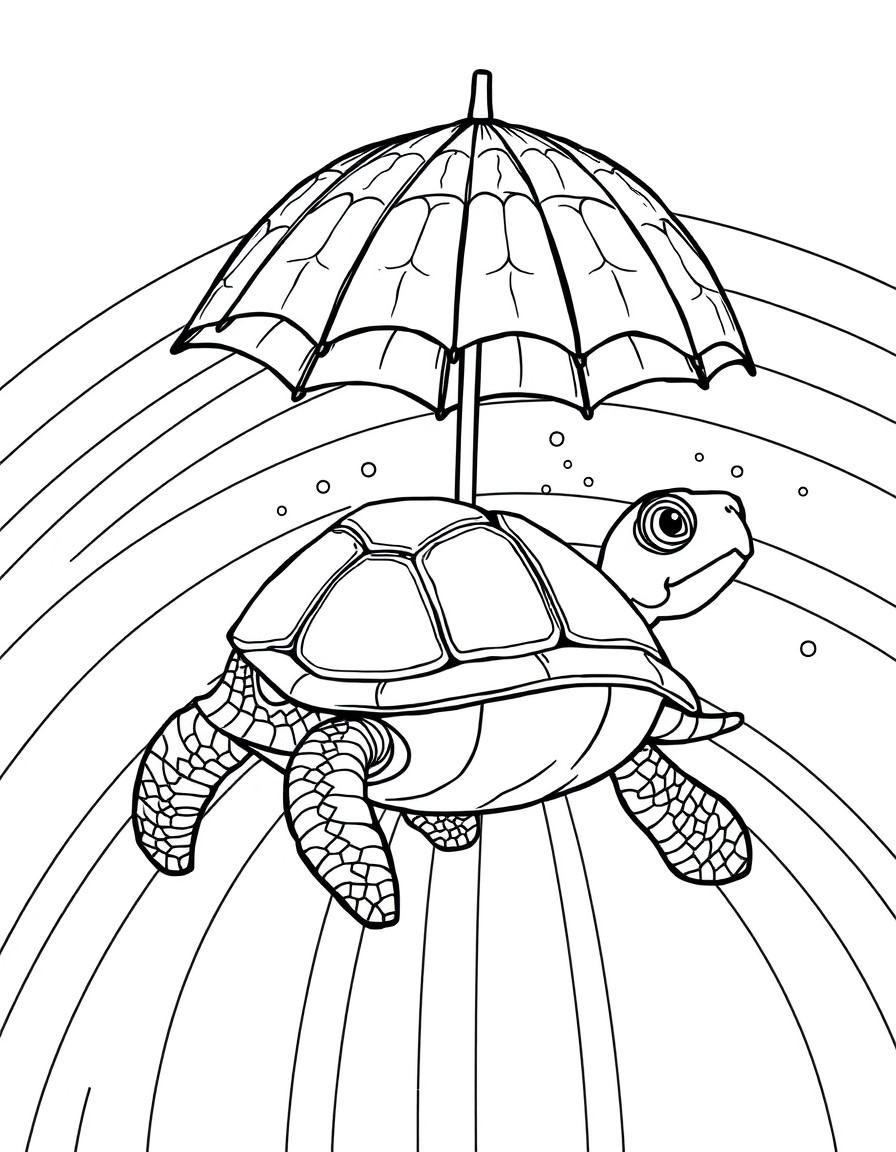 A turtle wearing a tiny umbrella flying through rainbows