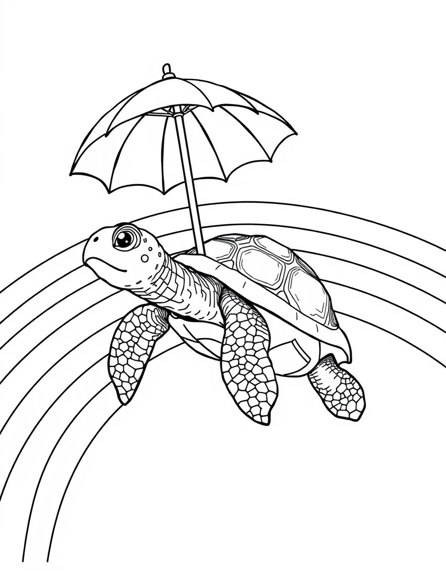 A turtle wearing a tiny umbrella flying through rainbows
