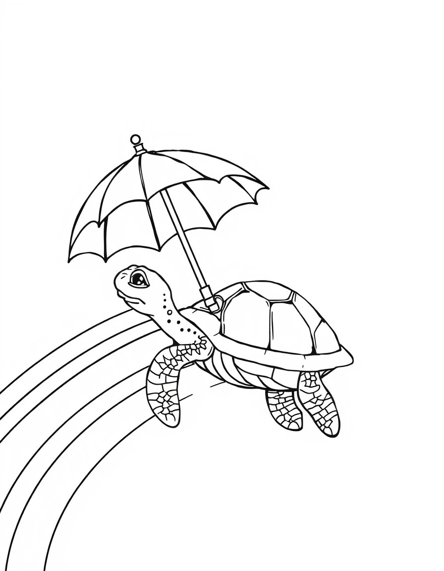 A turtle wearing a tiny umbrella flying through rainbows