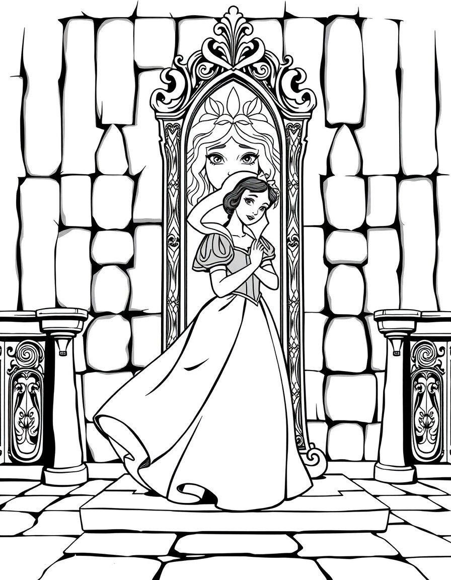 Snow White and the Mirror A beautiful Snow White in a medieval castle, standing near a tall mirror, with intricate carvings and the magical face in the mirror glowing faintly