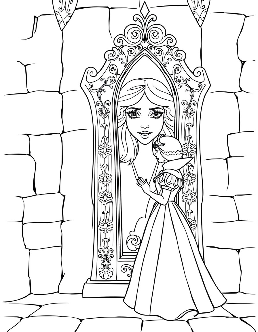 Snow White and the Mirror A beautiful Snow White in a medieval castle, standing near a tall mirror, with intricate carvings and the magical face in the mirror glowing faintly