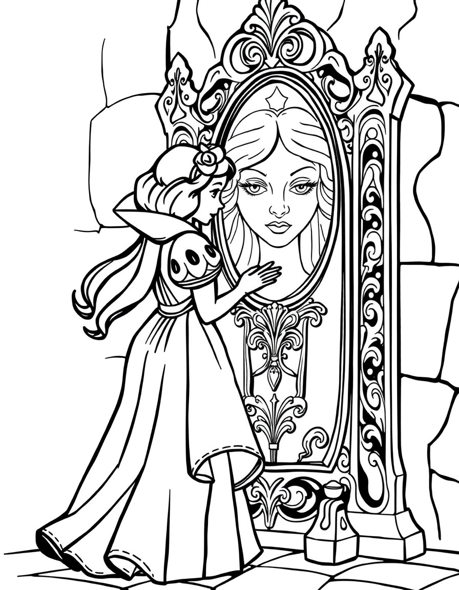 Snow White and the Mirror A beautiful Snow White in a medieval castle, standing near a tall mirror, with intricate carvings and the magical face in the mirror glowing faintly