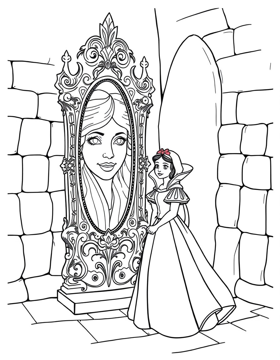 Snow White and the Mirror A beautiful Snow White in a medieval castle, standing near a tall mirror, with intricate carvings and the magical face in the mirror glowing faintly