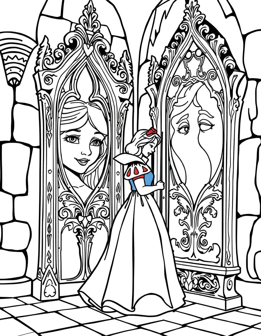 A beautiful Snow White in a medieval castle, standing near a tall mirror, with intricate carvings and the magical face in the mirror glowing faintly.