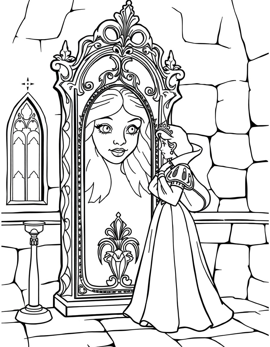 A beautiful Snow White in a medieval castle, standing near a tall mirror, with intricate carvings and the magical face in the mirror glowing faintly.