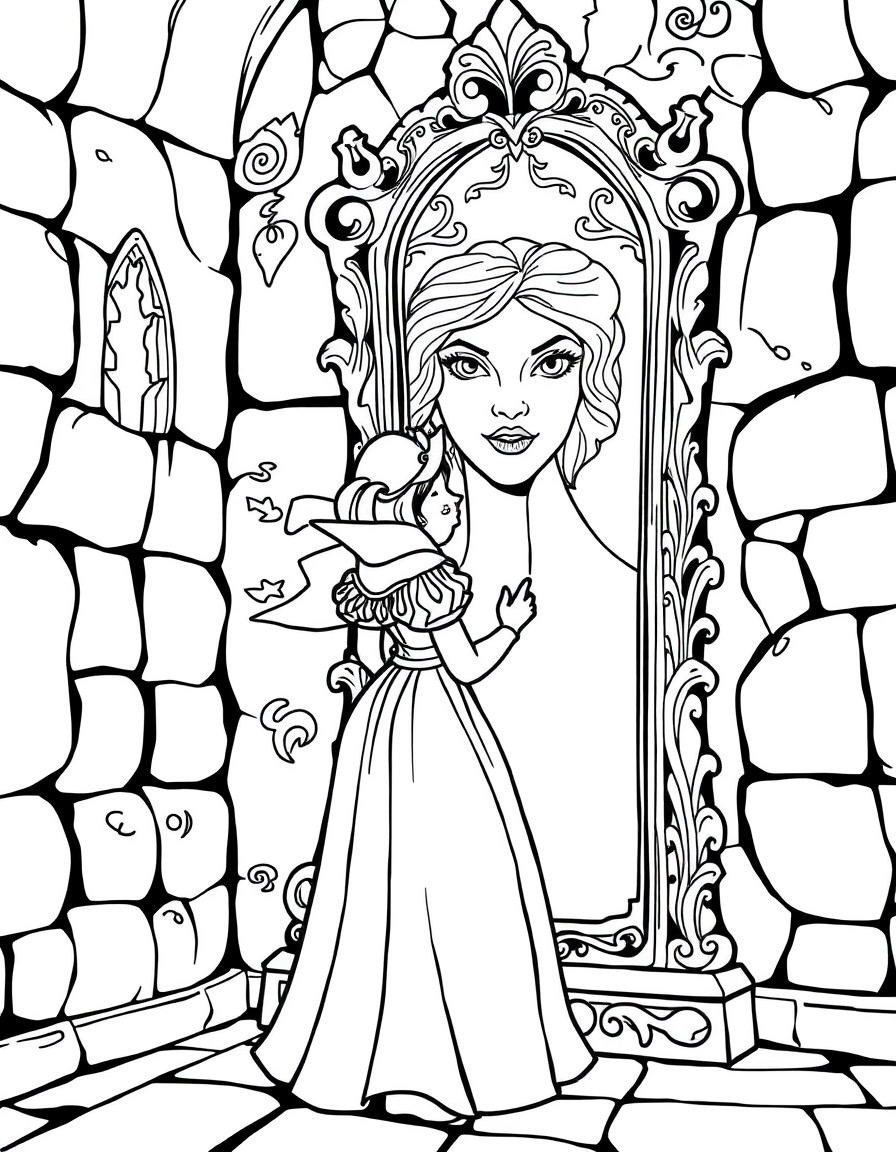 A beautiful Snow White in a medieval castle, standing near a tall mirror, with intricate carvings and the magical face in the mirror glowing faintly.