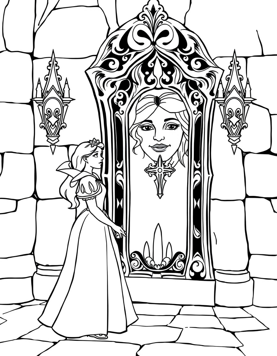 A beautiful Snow White in a medieval castle, standing near a tall mirror, with intricate carvings and the magical face in the mirror glowing faintly.